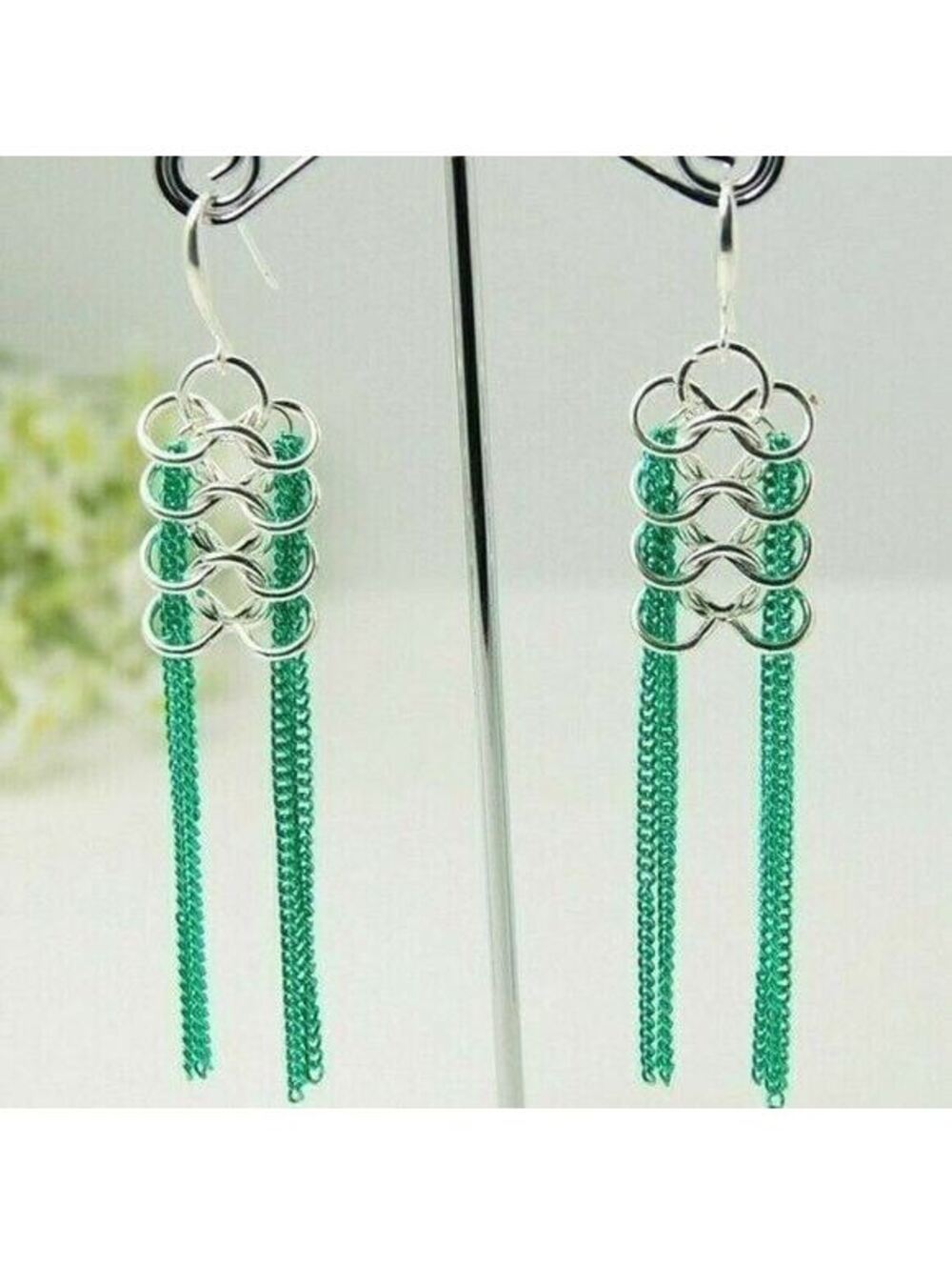 Artisan Long Shoulder Duster Metal Chain Earrings Silver Green